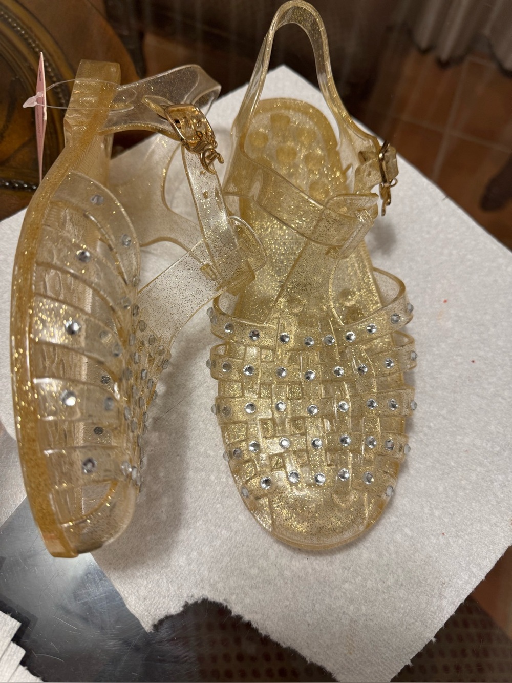 Juicy Couture Gold Glitter Jelly Sandals with Rhinestone Studs - Women
